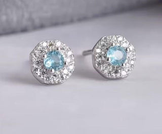 Solid Apatite Stud Octagon + CZ Earrings Australian Genuine Gems Silver RRP$149