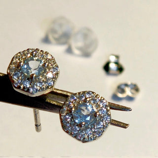 Solid Apatite Stud Octagon + CZ Earrings Australian Genuine Gems Silver RRP$149