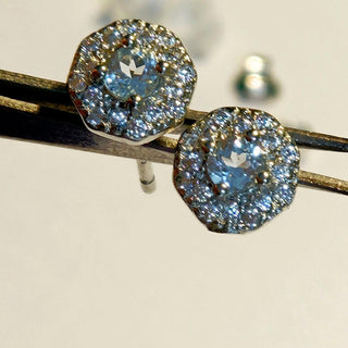 Solid Apatite Stud Octagon + CZ Earrings Australian Genuine Gems Silver RRP$149