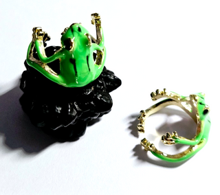 Artisan Green Enamel Frog Ring Adjustable Size Jewellery Jewelry Hand Made NEW