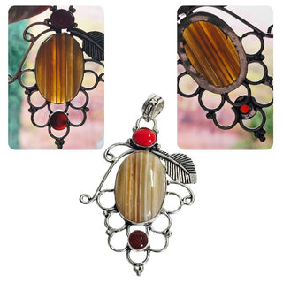 Banded Honey Agate Carnelian Sterling Silver Pendant Artisan Filigree