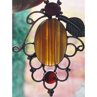 Banded Honey Agate Carnelian Sterling Silver Pendant Artisan Filigree