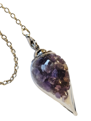 Amethyst Glass Crystal Pendulum Natural Gemstone Silver Chain Dowsing Healing