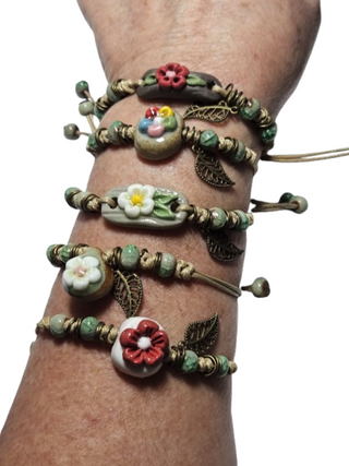 Handmade Ceramic Corded Bracelet Adjustable Tribal Boho Style Unisex (You choose style)
