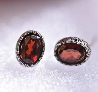 Solid Garnet Stud Oval Earrings Filigree Australian Genuine Gems Silver
