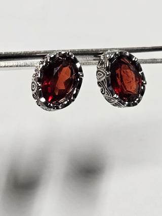 Solid Garnet Stud Oval Earrings Filigree Australian Genuine Gems Silver