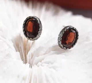 Solid Garnet Stud Oval Earrings Filigree Australian Genuine Gems Silver