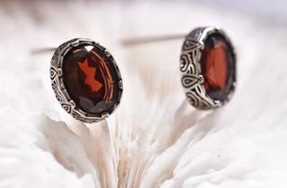 Solid Garnet Stud Oval Earrings Filigree Australian Genuine Gems Silver