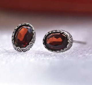Solid Garnet Stud Oval Earrings Filigree Australian Genuine Gems Silver