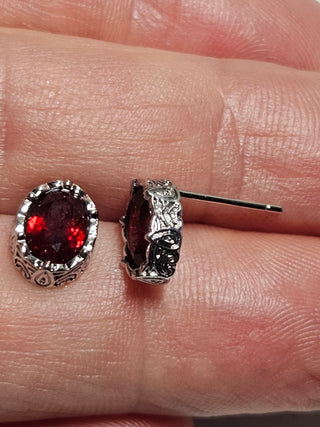 Solid Garnet Stud Oval Earrings Filigree Australian Genuine Gems Silver