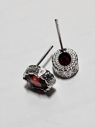 Solid Garnet Stud Oval Earrings Filigree Australian Genuine Gems Silver