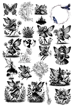 Line Art Fairies - Pre Printed Water Slide Decal/ Dissolving/Tattoo Paper