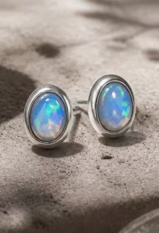 Solid Opal Stud Oval Earrings Bevelled Australian Genuine Gems Silver RRP$160