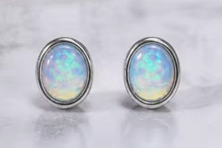 Solid Opal Stud Oval Earrings Bevelled Australian Genuine Gems Silver RRP$160