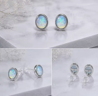 Solid Opal Stud Oval Earrings Bevelled Australian Genuine Gems Silver RRP$160