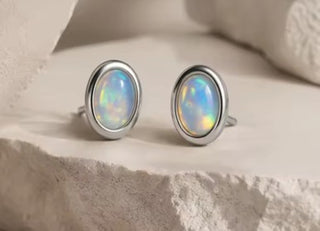 Solid Opal Stud Oval Earrings Bevelled Australian Genuine Gems Silver RRP$160