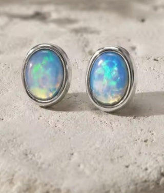 Solid Opal Stud Oval Earrings Bevelled Australian Genuine Gems Silver RRP$160