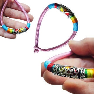 Adjustable Rainbow Woven Prayer Bracelet Filigree Barrel Bead Colourful