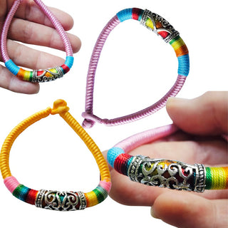 Adjustable Rainbow Woven Prayer Bracelet Filigree Barrel Bead Colourful