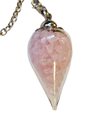 Rose Quartz Glass Crystal Pendulum Natural Gemstone Silver Chain Dowsing Healing