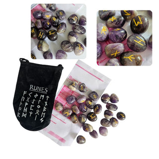 Amethyst Gemstone Rune Set Engraved Elder Futhark — Pouch and Guide