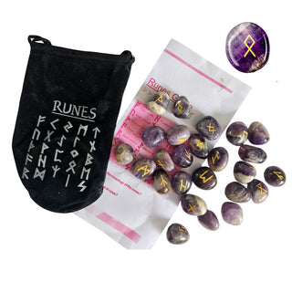 Amethyst Gemstone Rune Set Engraved Elder Futhark — Pouch and Guide