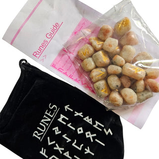 Sunstone Gemstone Rune Set Engraved Elder Futhark — Pouch and Guide