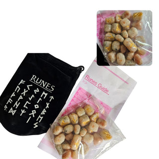 Sunstone Gemstone Rune Set Engraved Elder Futhark — Pouch and Guide