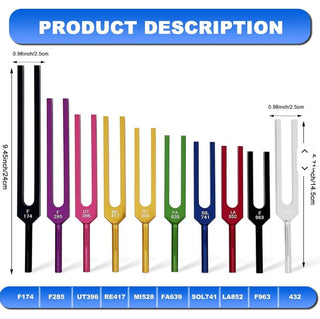 SOLFEGGIO TUNING FORK SET Coloured Sound Healing Therapy Kit 10 Forks Mallets Activator & Case