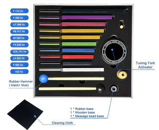 SOLFEGGIO TUNING FORK SET Coloured Sound Healing Therapy Kit 10 Forks Mallets Activator & Case