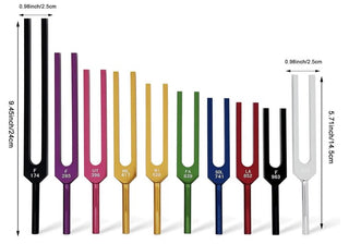 SOLFEGGIO TUNING FORK SET Coloured Sound Healing Therapy Kit 10 Forks Mallets Activator & Case