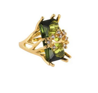 Vintage Style Olive Green Cocktail Ring – Large Emerald Cut Crystal Statement Ring Size N 7